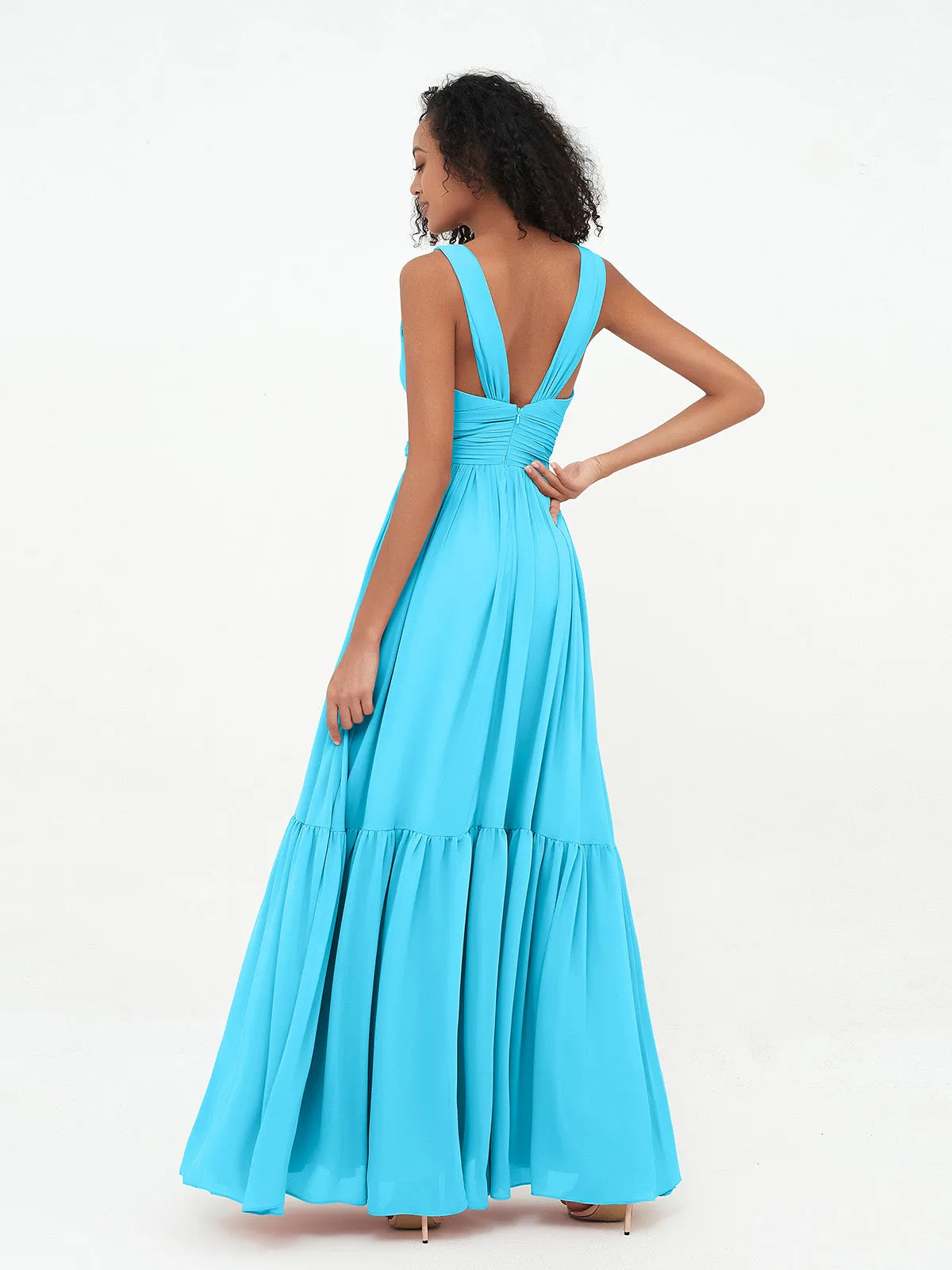 Deep-V Neck Chiffon Tiered Skirt Boho Dresses-Pool Plus Size