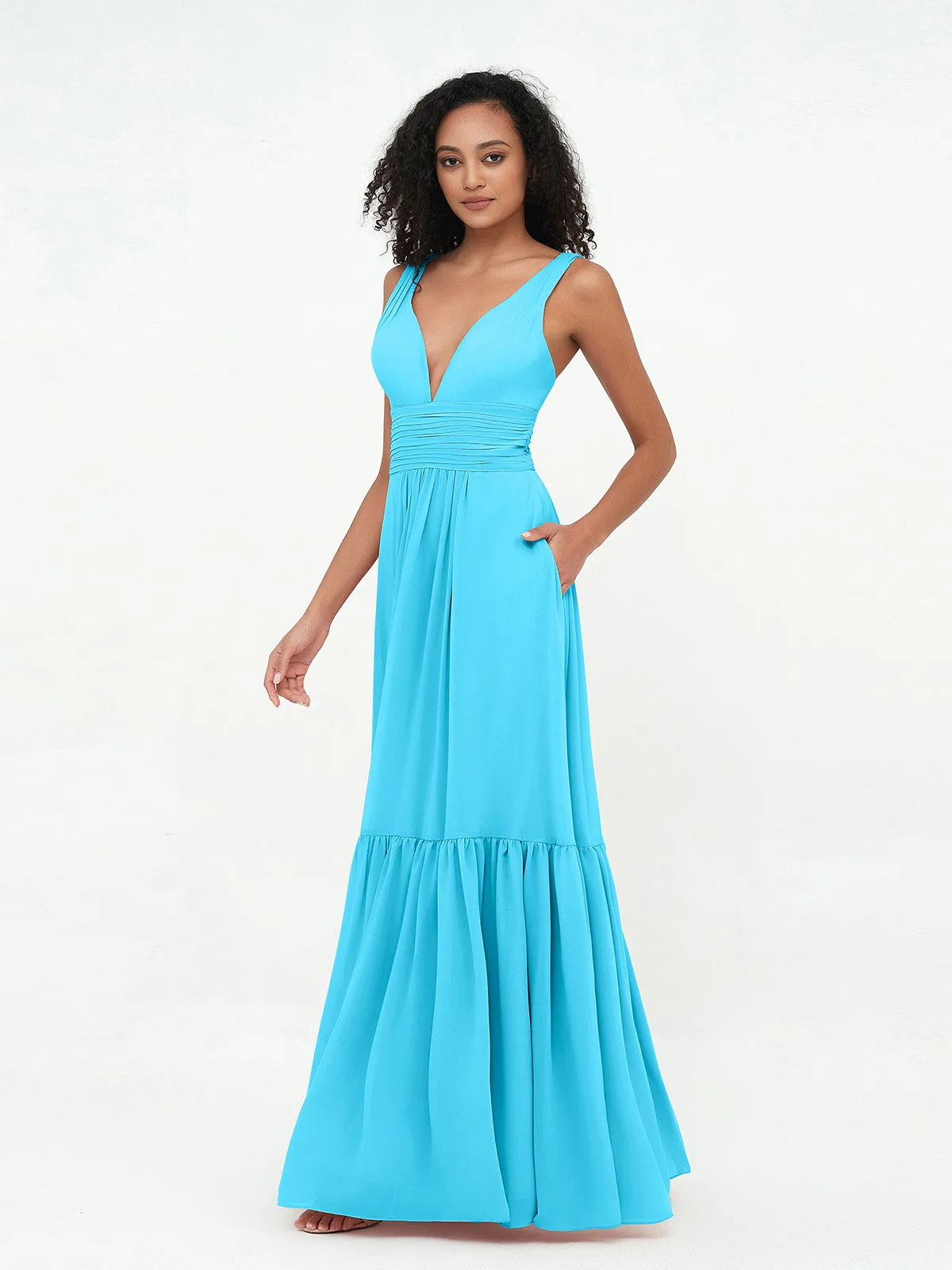Deep-V Neck Chiffon Tiered Skirt Boho Dresses-Pool Plus Size
