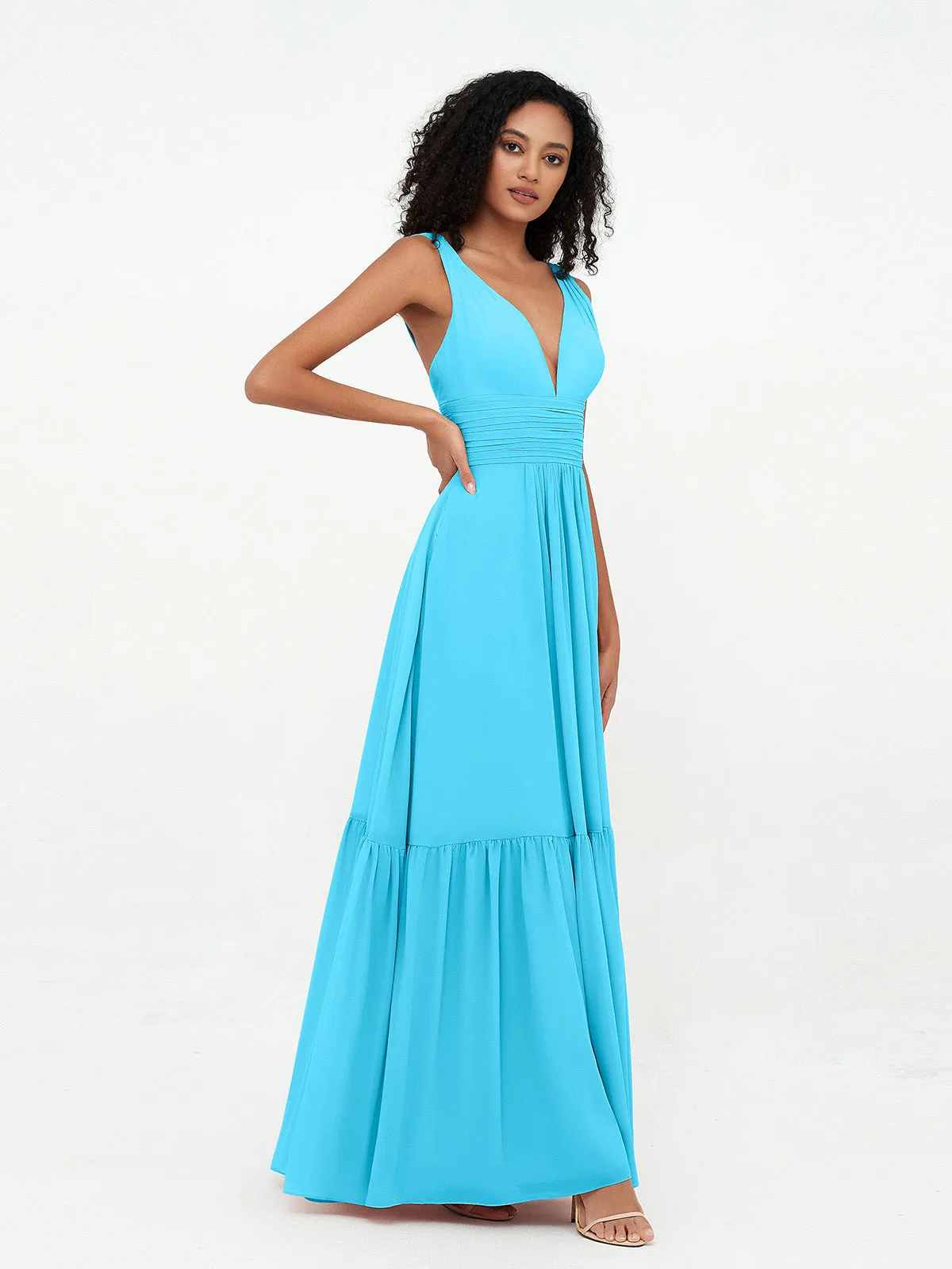 Deep-V Neck Chiffon Tiered Skirt Boho Dresses-Pool Plus Size
