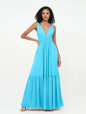 Deep-V Neck Chiffon Tiered Skirt Boho Dresses-Pool Plus Size