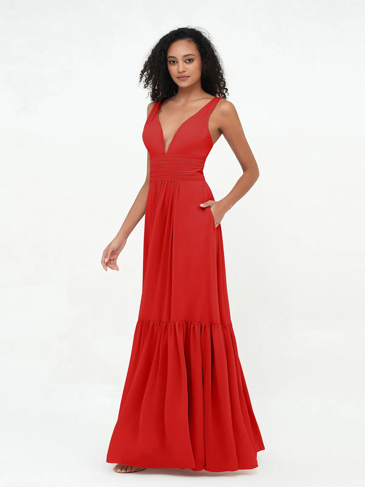 Deep-V Neck Chiffon Tiered Skirt Boho Dresses-Red