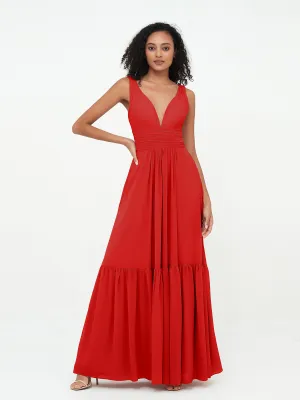 Deep-V Neck Chiffon Tiered Skirt Boho Dresses-Red