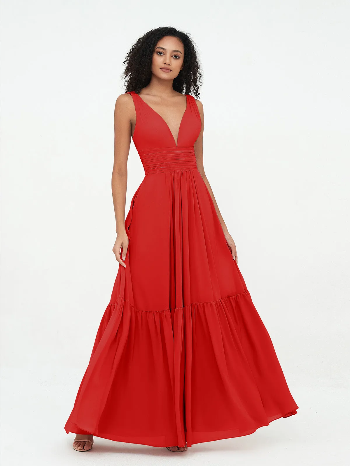 Deep-V Neck Chiffon Tiered Skirt Boho Dresses-Red