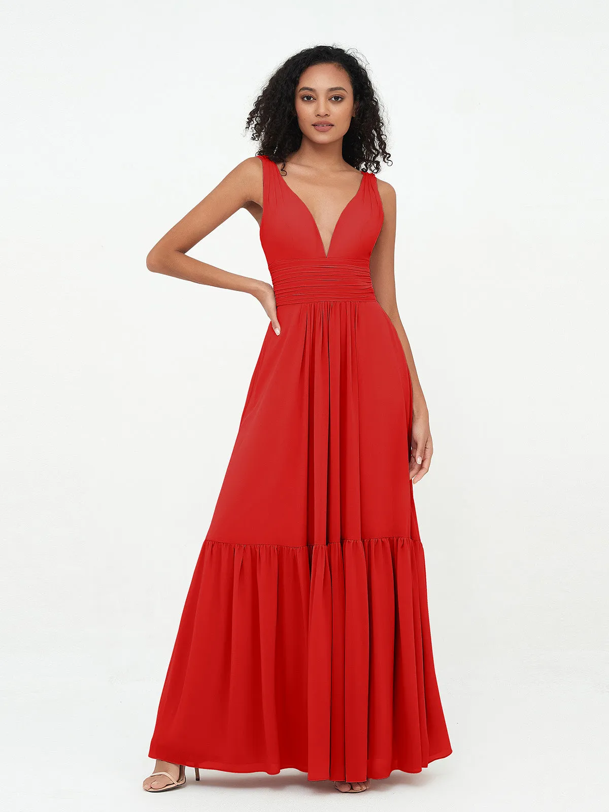 Deep-V Neck Chiffon Tiered Skirt Boho Dresses-Red