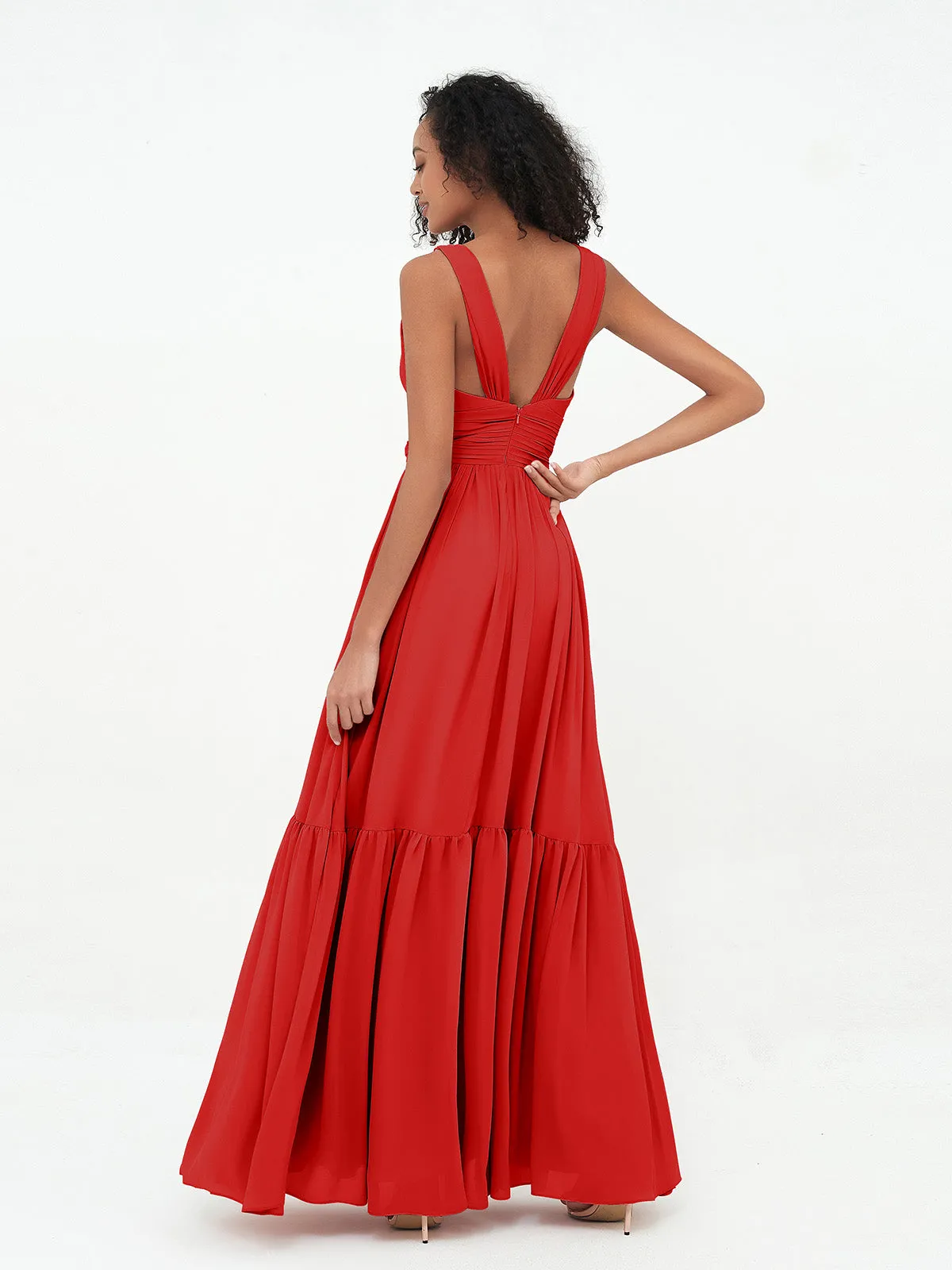 Deep-V Neck Chiffon Tiered Skirt Boho Dresses-Red