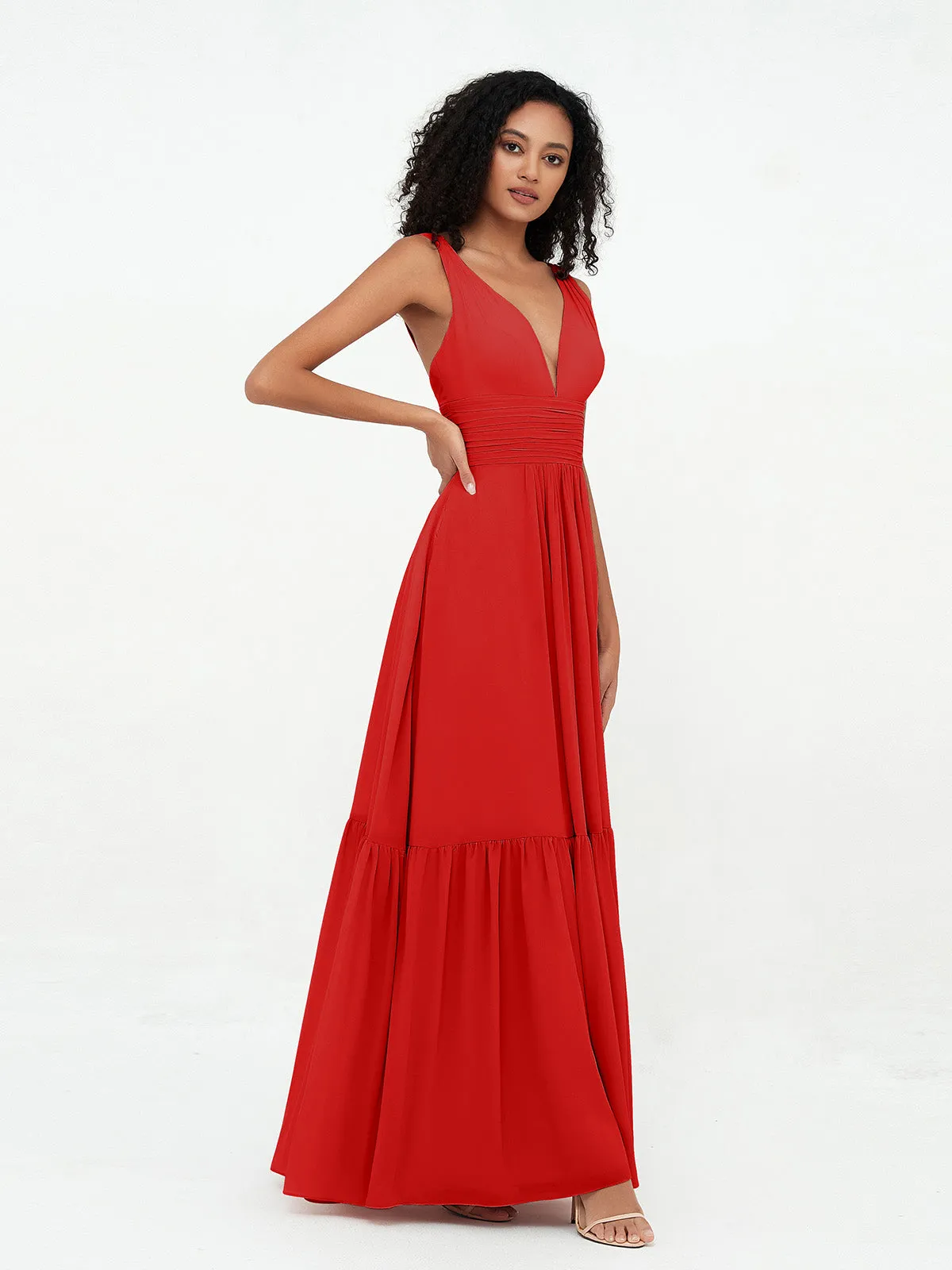 Deep-V Neck Chiffon Tiered Skirt Boho Dresses-Red