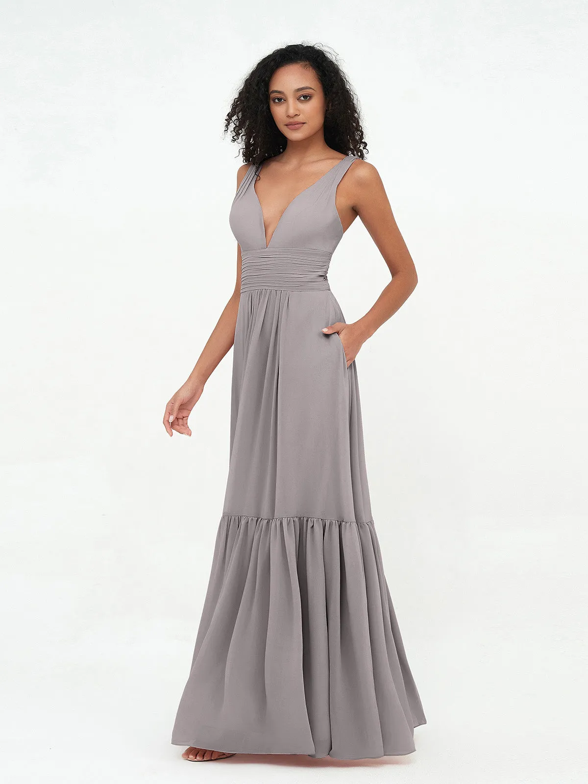 Deep-V Neck Chiffon Tiered Skirt Boho Dresses-Silver