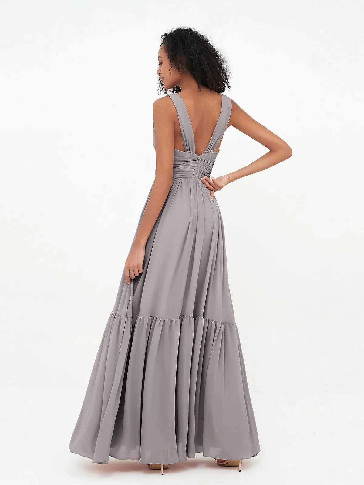Deep-V Neck Chiffon Tiered Skirt Boho Dresses-Silver