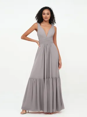 Deep-V Neck Chiffon Tiered Skirt Boho Dresses-Silver