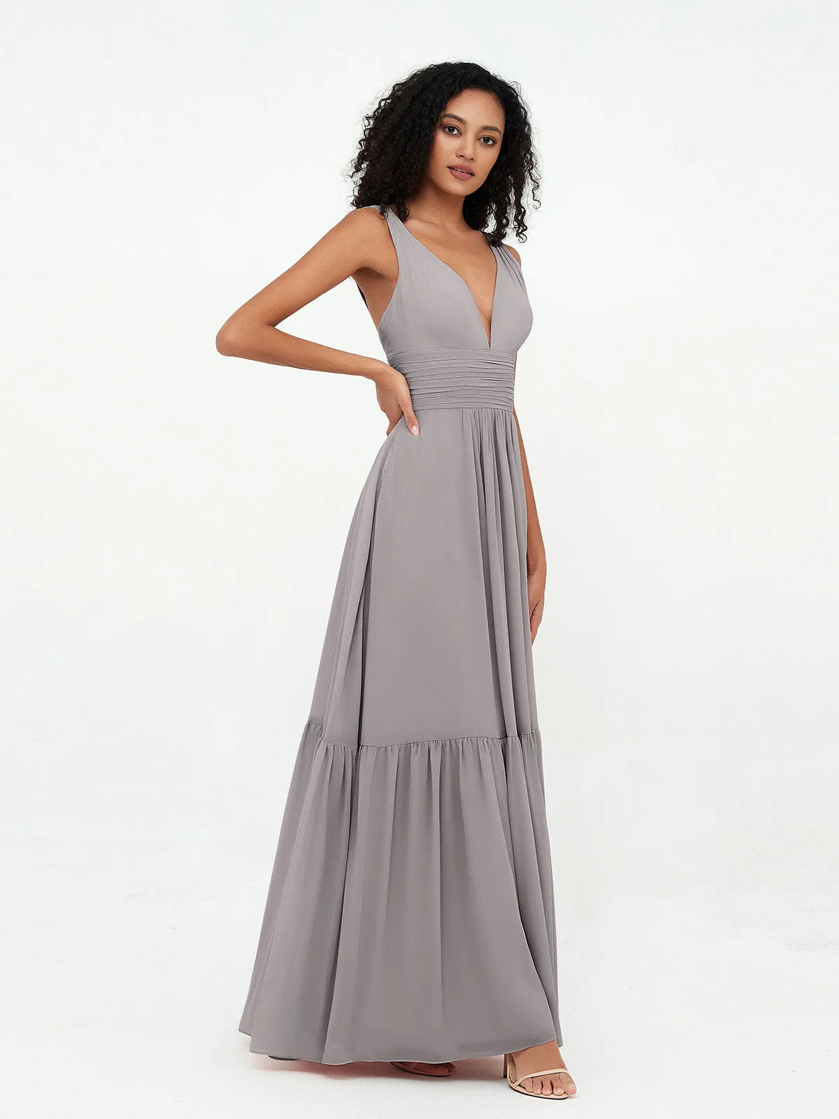 Deep-V Neck Chiffon Tiered Skirt Boho Dresses-Silver
