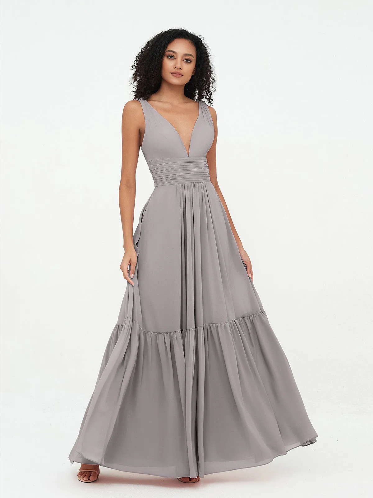 Deep-V Neck Chiffon Tiered Skirt Boho Dresses-Silver