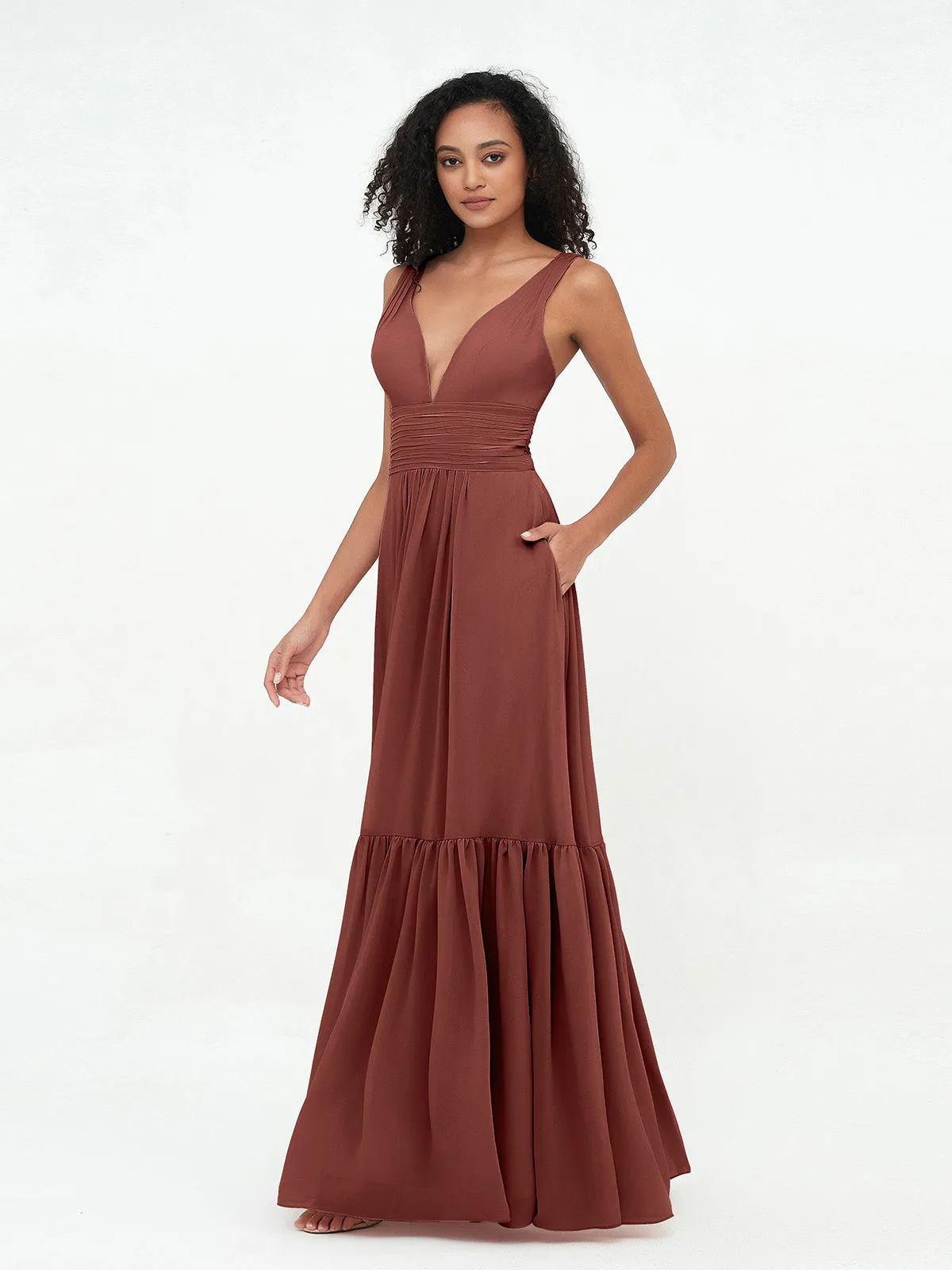 Deep-V Neck Chiffon Tiered Skirt Boho Dresses-Terracotta