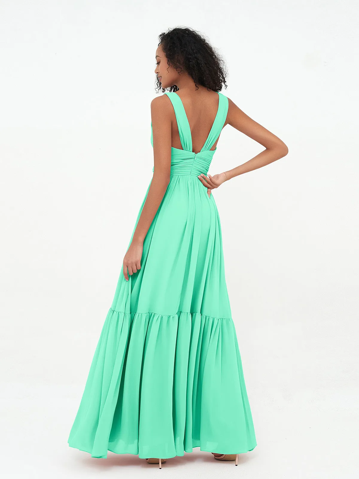 Deep-V Neck Chiffon Tiered Skirt Boho Dresses-Turquoise Plus Size