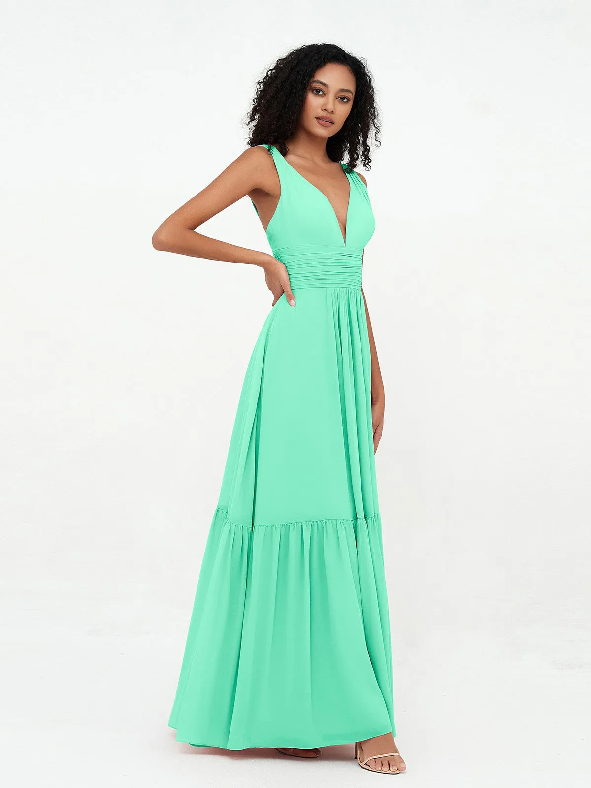 Deep-V Neck Chiffon Tiered Skirt Boho Dresses-Turquoise Plus Size