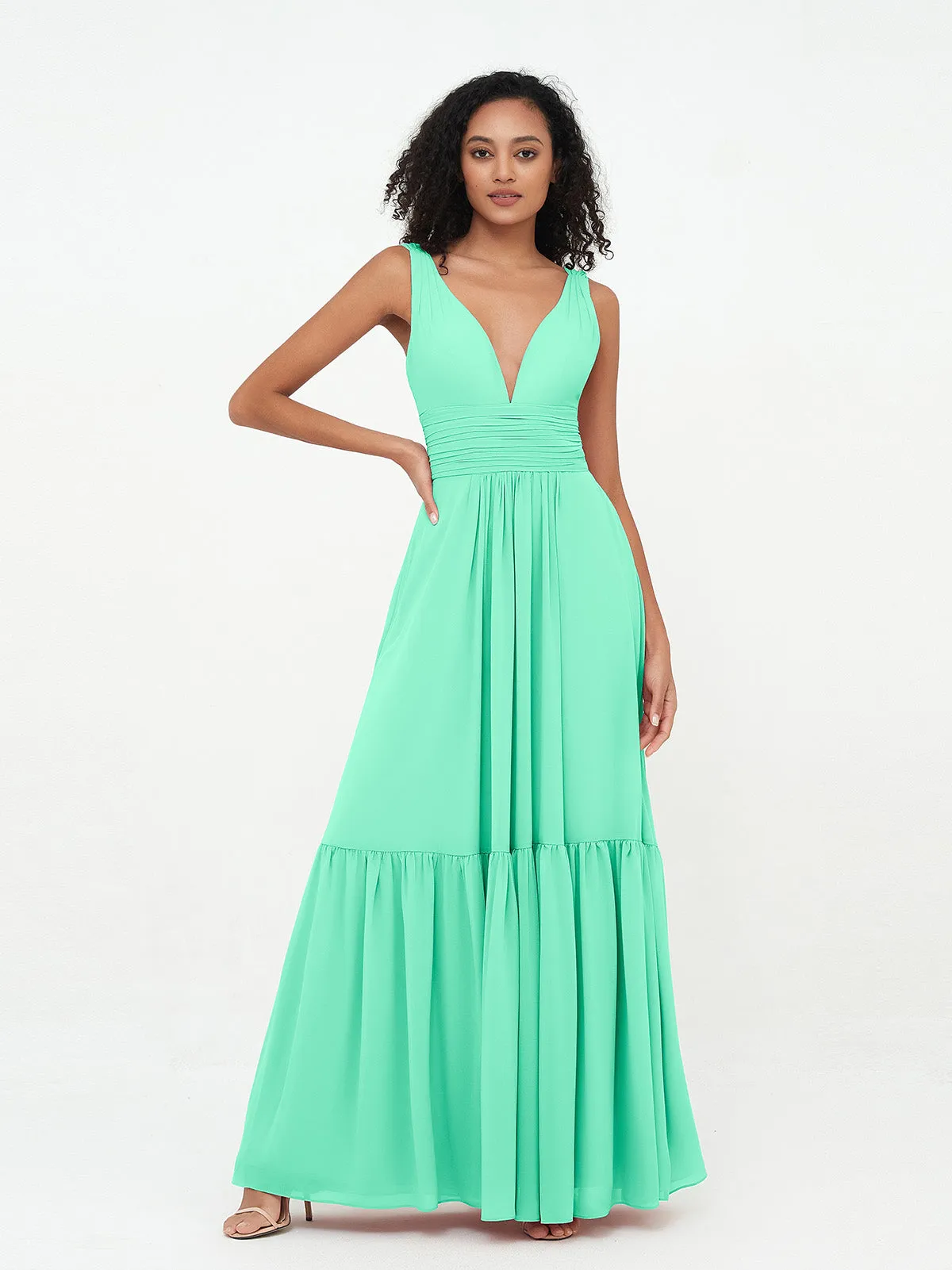 Deep-V Neck Chiffon Tiered Skirt Boho Dresses-Turquoise Plus Size