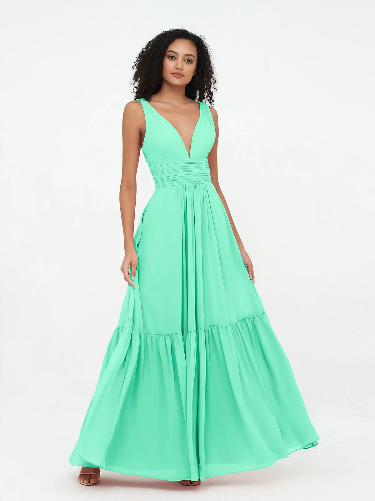 Deep-V Neck Chiffon Tiered Skirt Boho Dresses-Turquoise Plus Size