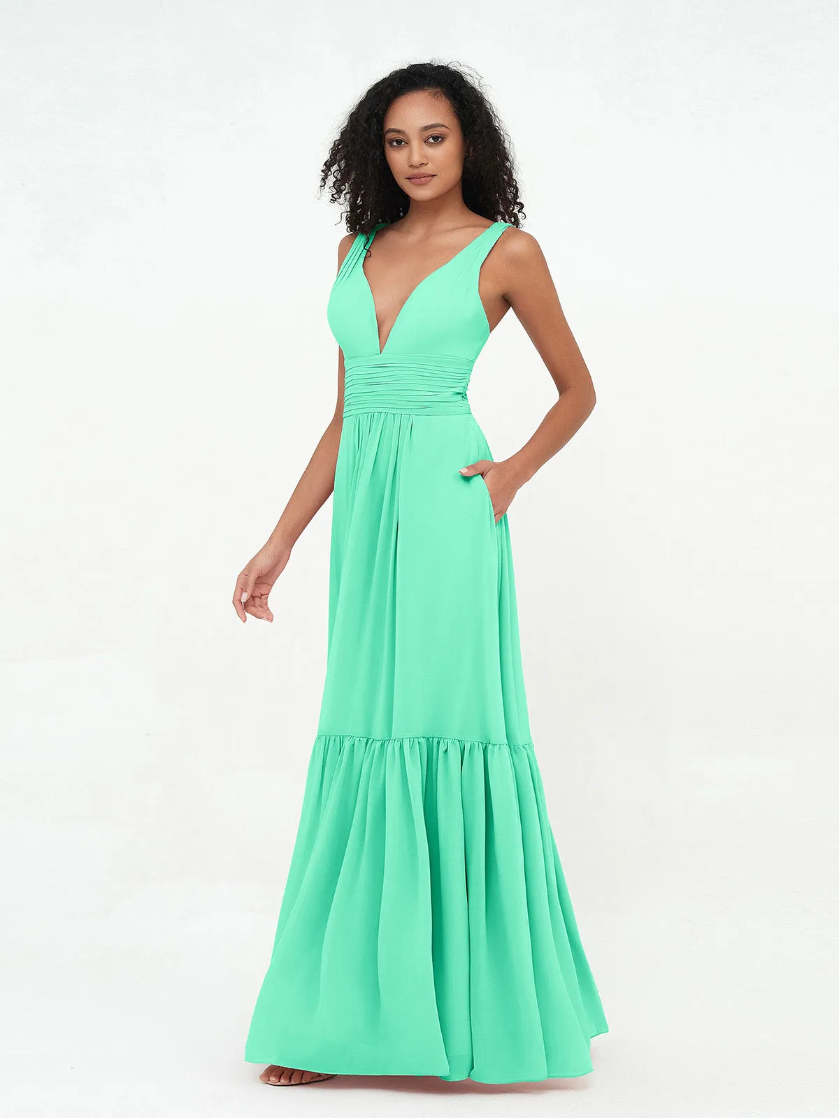 Deep-V Neck Chiffon Tiered Skirt Boho Dresses-Turquoise Plus Size