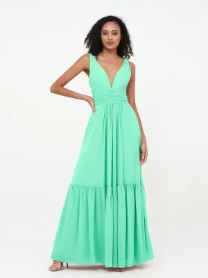 Deep-V Neck Chiffon Tiered Skirt Boho Dresses-Turquoise Plus Size