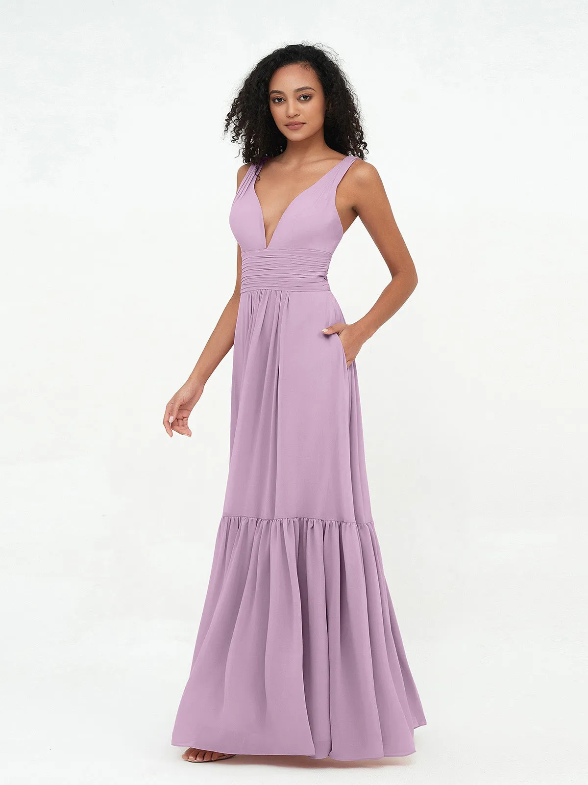 Deep-V Neck Chiffon Tiered Skirt Boho Dresses-Wisteria Plus Size