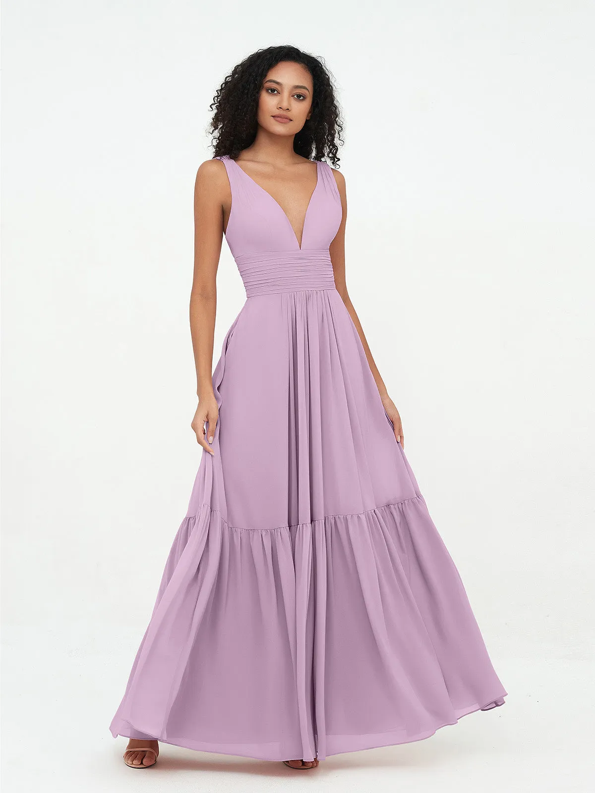 Deep-V Neck Chiffon Tiered Skirt Boho Dresses-Wisteria Plus Size