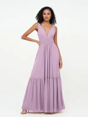Deep-V Neck Chiffon Tiered Skirt Boho Dresses-Wisteria Plus Size