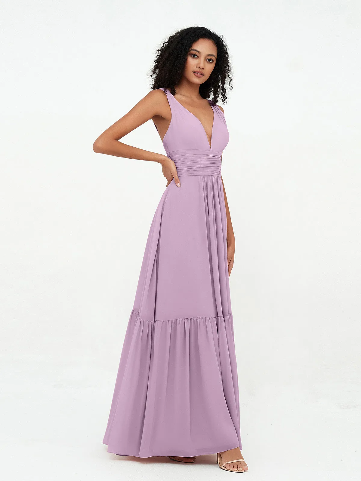 Deep-V Neck Chiffon Tiered Skirt Boho Dresses-Wisteria Plus Size