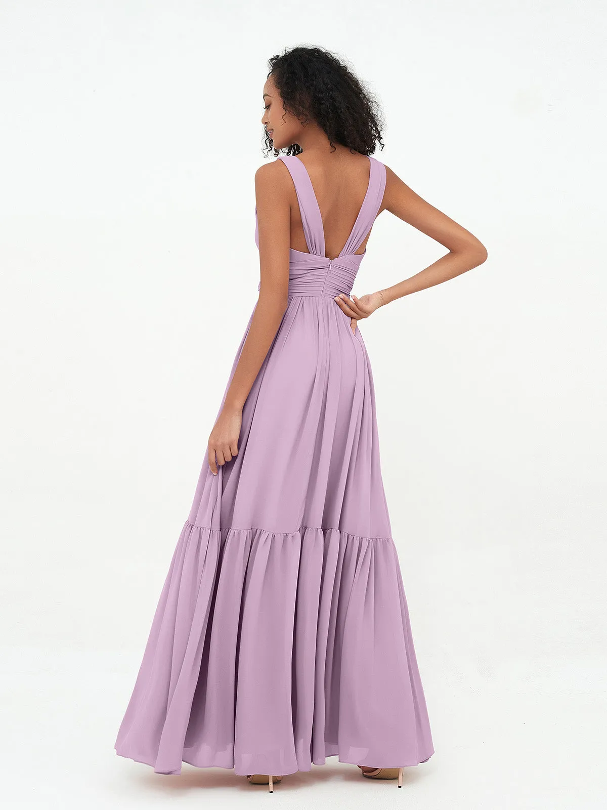 Deep-V Neck Chiffon Tiered Skirt Boho Dresses-Wisteria Plus Size