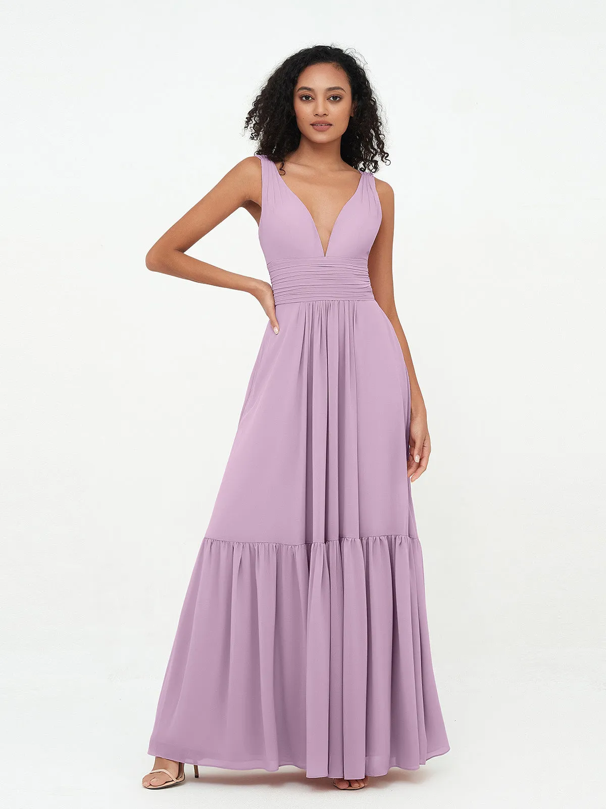 Deep-V Neck Chiffon Tiered Skirt Boho Dresses-Wisteria Plus Size