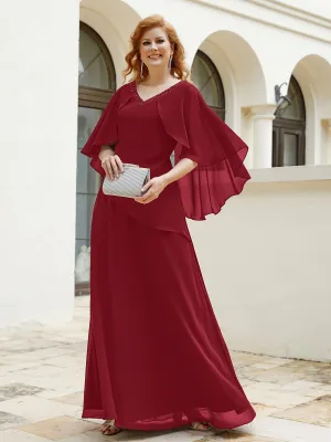 Dress Adorned with Beaded Elegance and Flutter Sleeves Burgundy