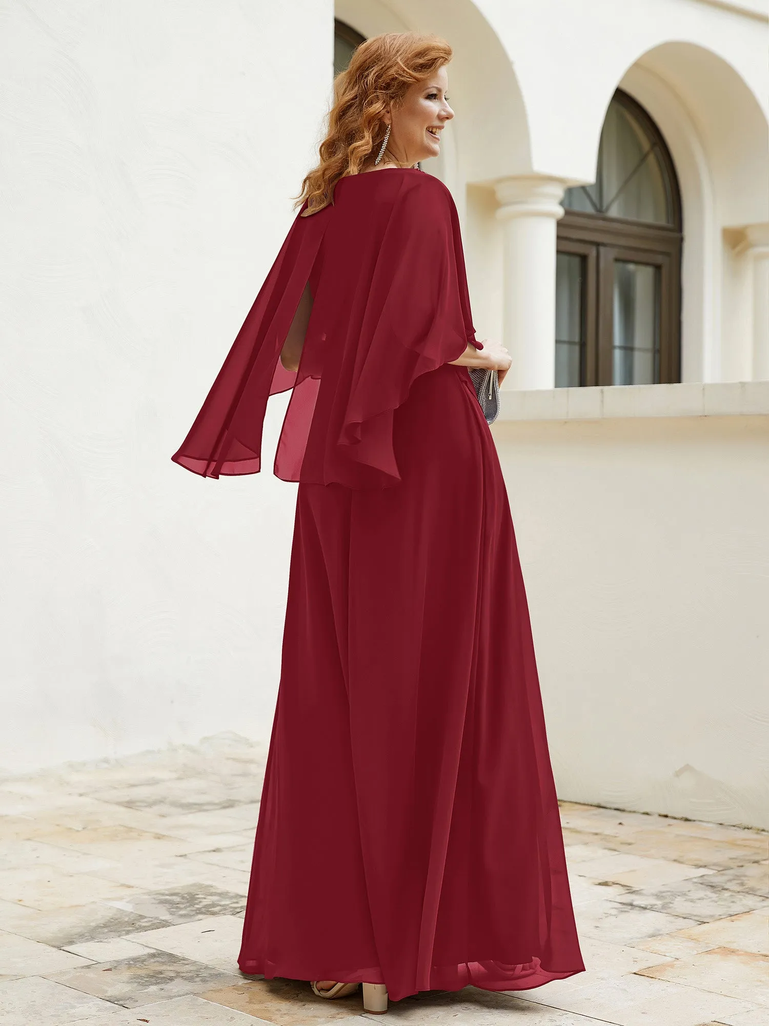 Dress Adorned with Beaded Elegance and Flutter Sleeves Burgundy
