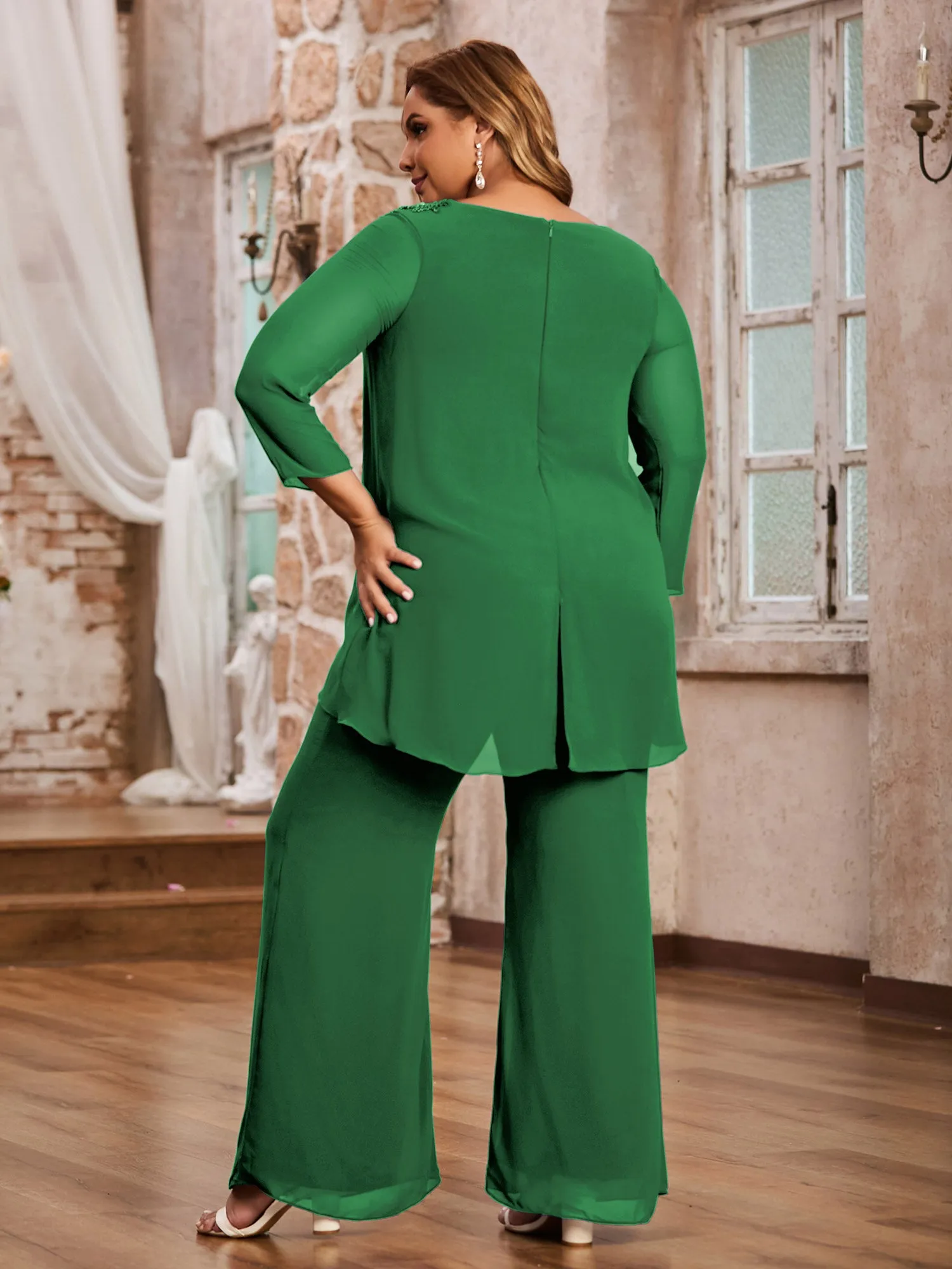 Elegant Chiffon Pant Suit with Long Sleeves-Emerald