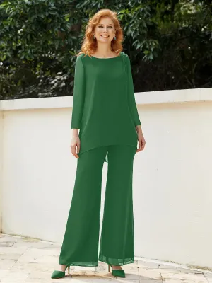 Elegant Chiffon Pant Suit with Long Sleeves-Emerald