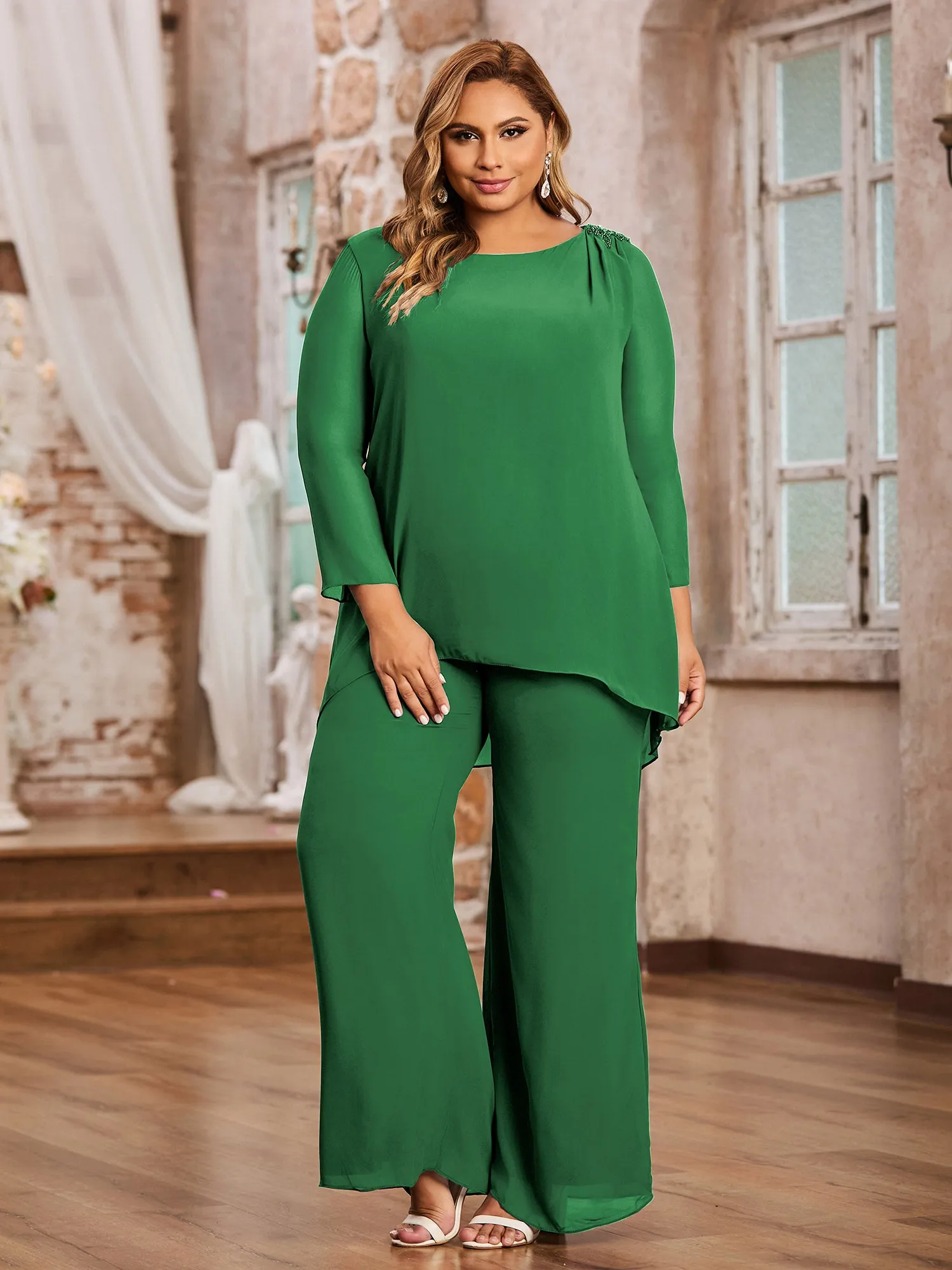 Elegant Chiffon Pant Suit with Long Sleeves-Emerald