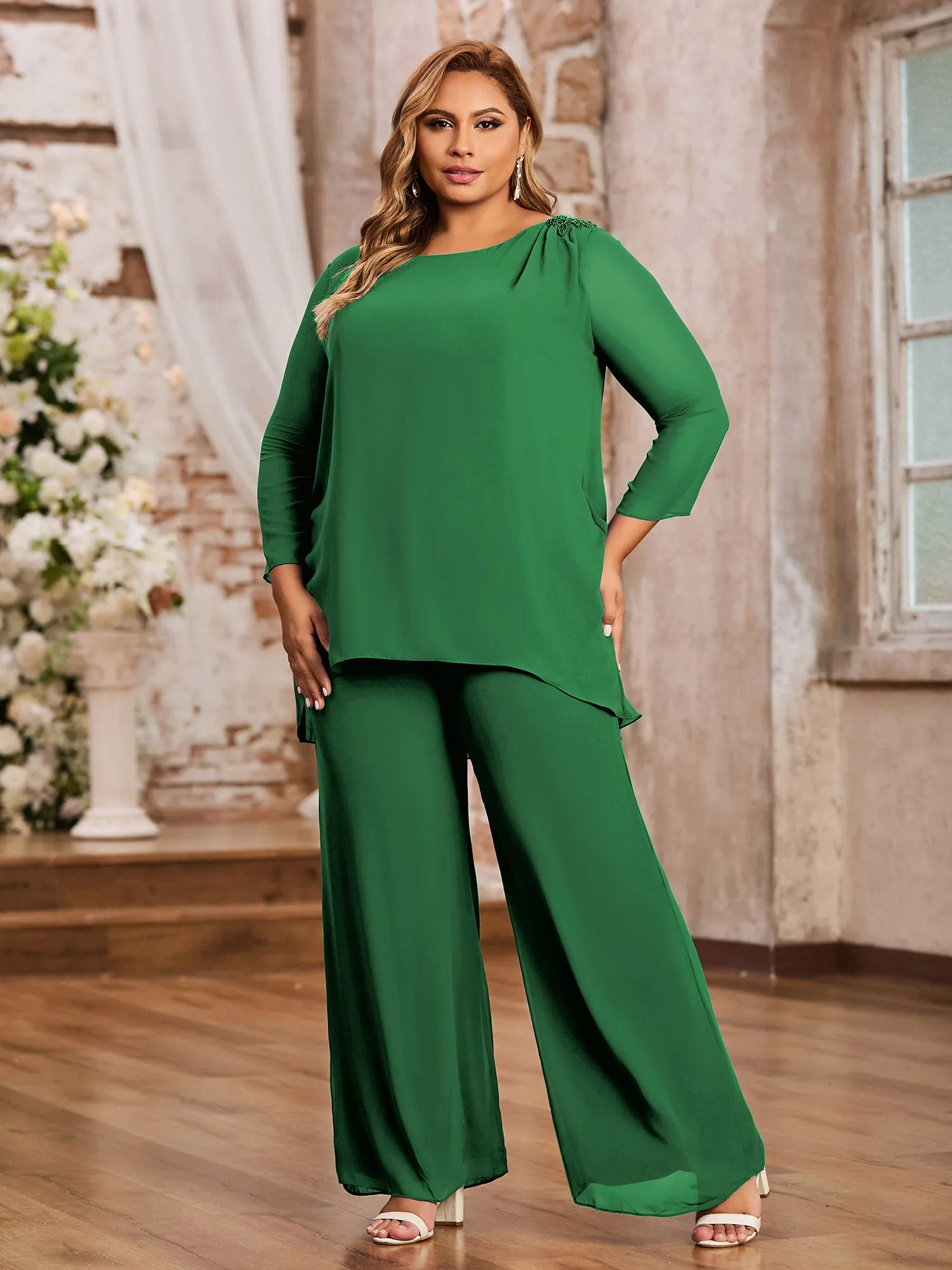 Elegant Chiffon Pant Suit with Long Sleeves-Emerald