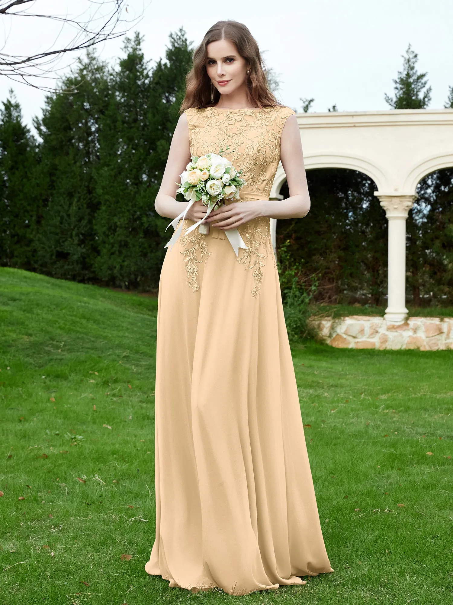 Elegant Illusion Lace Appliqued Dress With Buttons Champagne