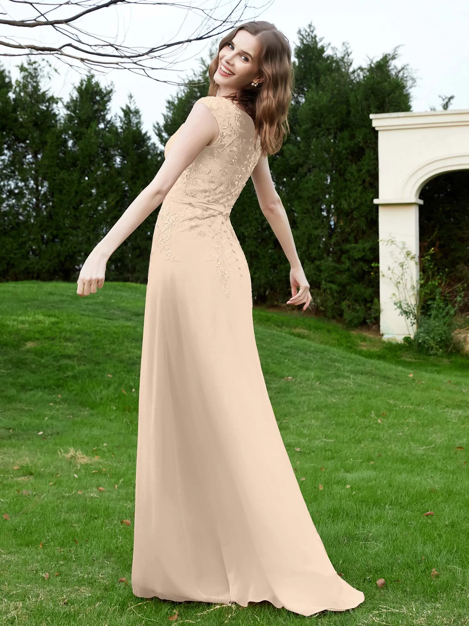 Elegant Illusion Lace Appliqued Dress With Buttons Champagne