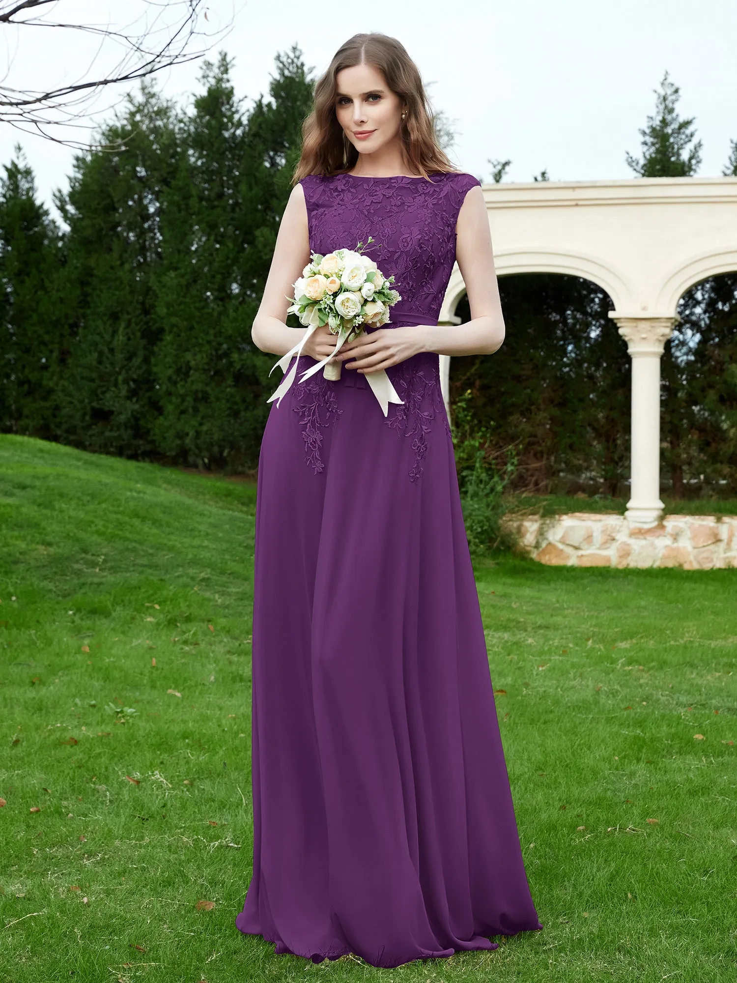 Elegant Illusion Lace Appliqued Dress With Buttons Grape