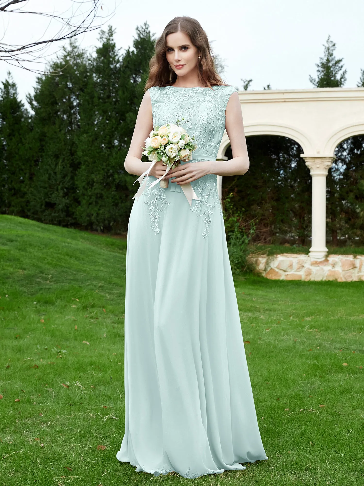 Elegant Illusion Lace Appliqued Dress With Buttons Mist Plus Size