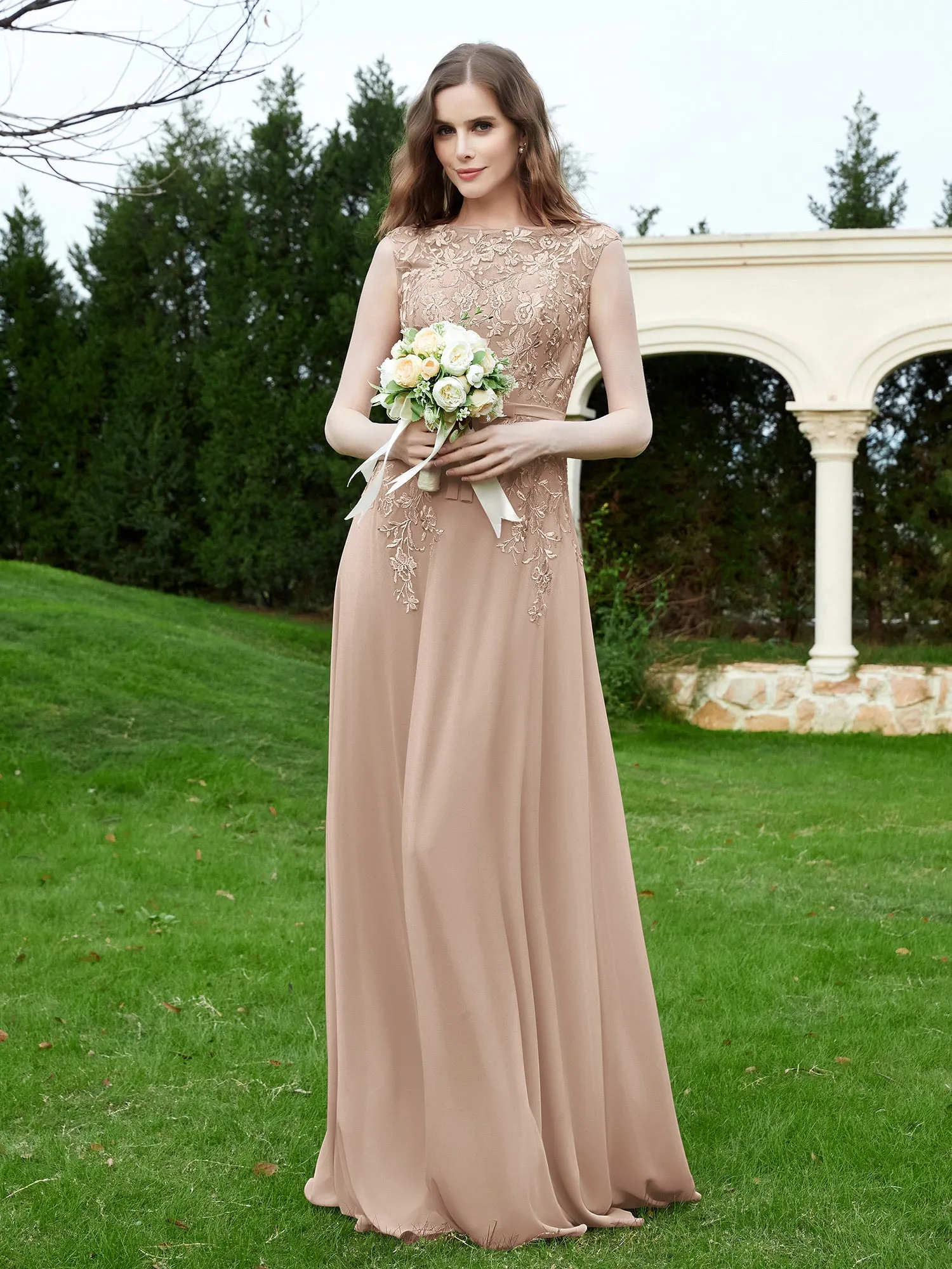 Elegant Illusion Lace Appliqued Dress With Buttons Taupe
