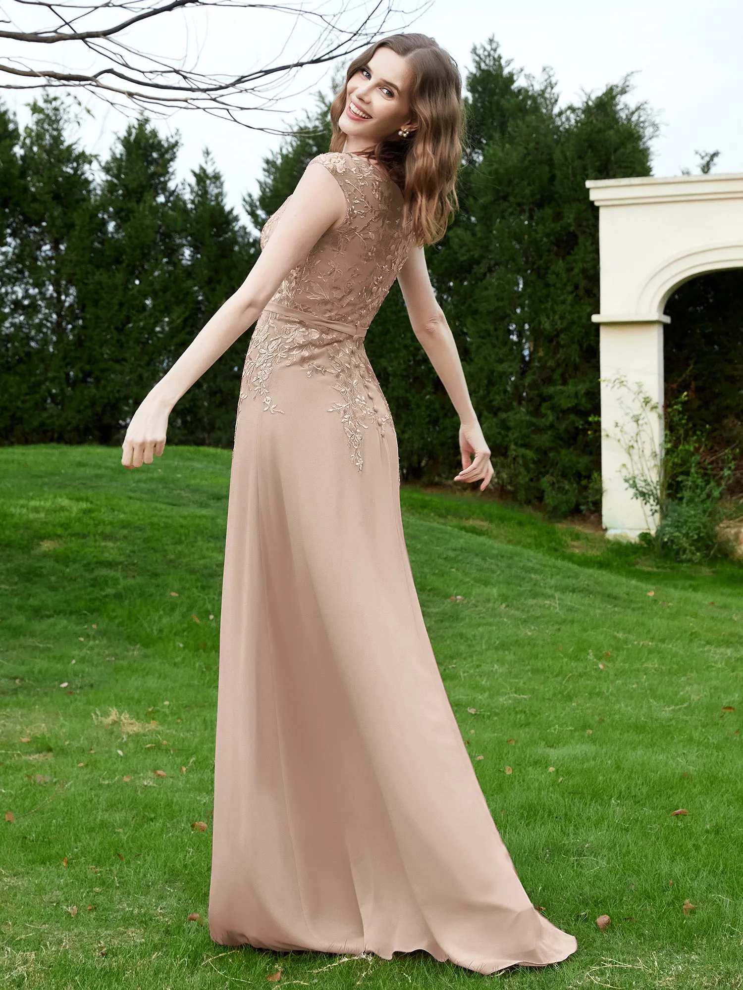 Elegant Illusion Lace Appliqued Dress With Buttons Taupe