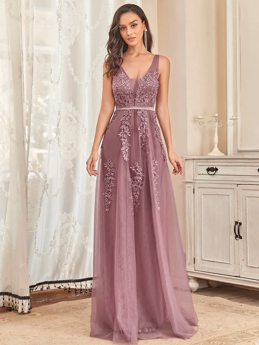 Elegant Sleeveless Applique Flowy Tulle Evening Dress