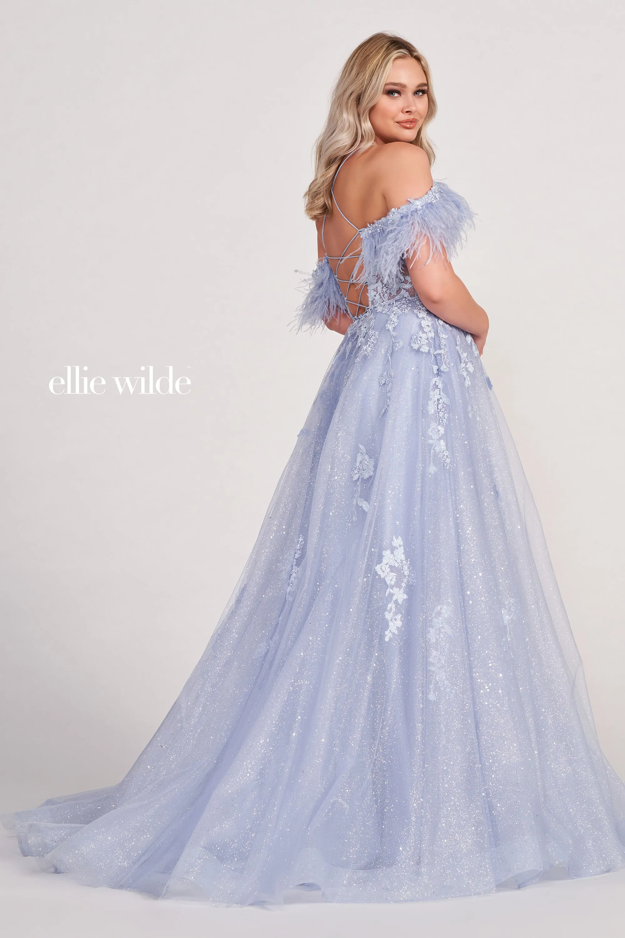 Ellie Wilde EW34066 Long A Line Slit Shimmer Dress Sheer Sequin Corset Feather off the shoulder Gown