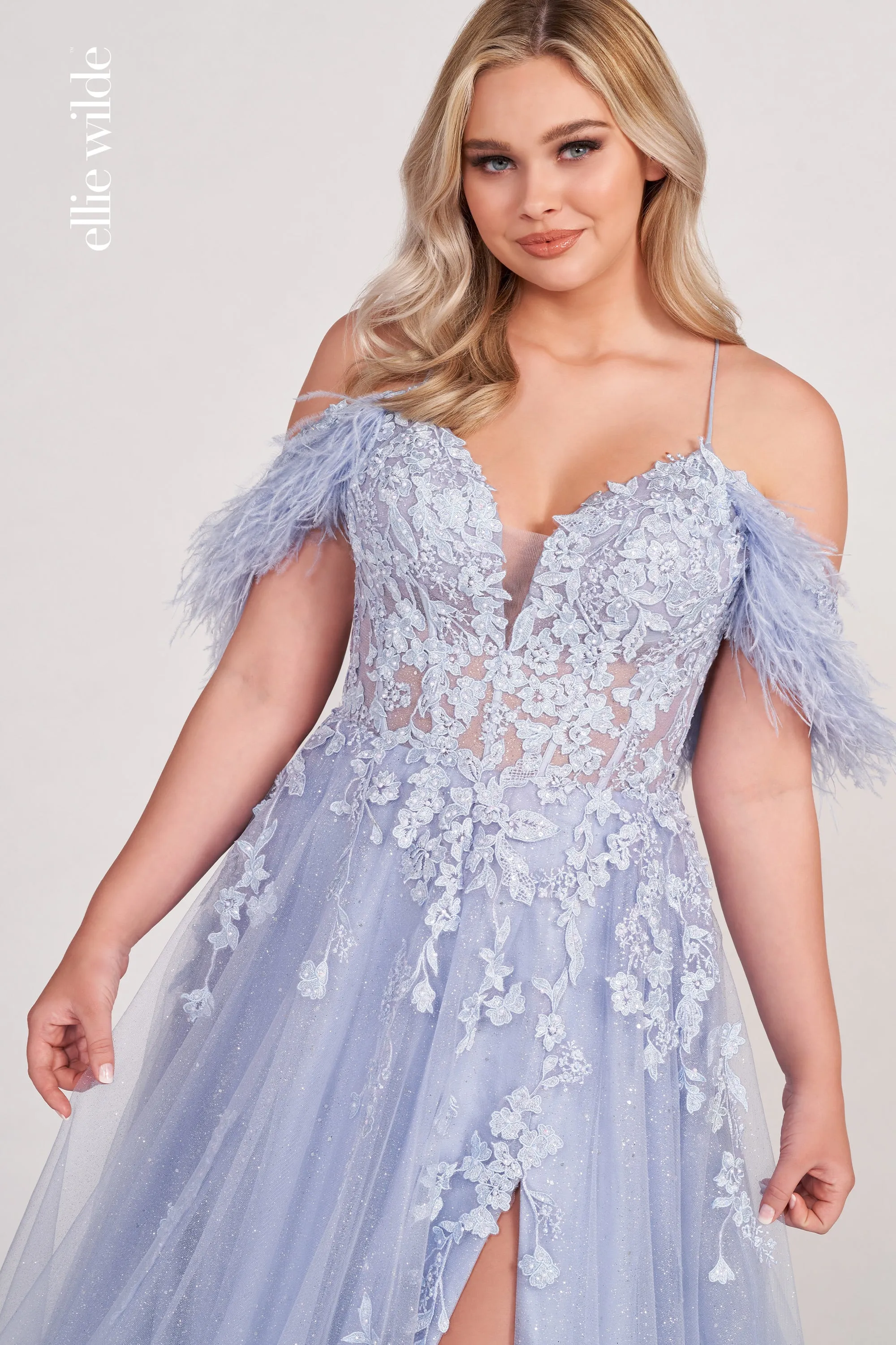 Ellie Wilde EW34066 Long A Line Slit Shimmer Dress Sheer Sequin Corset Feather off the shoulder Gown