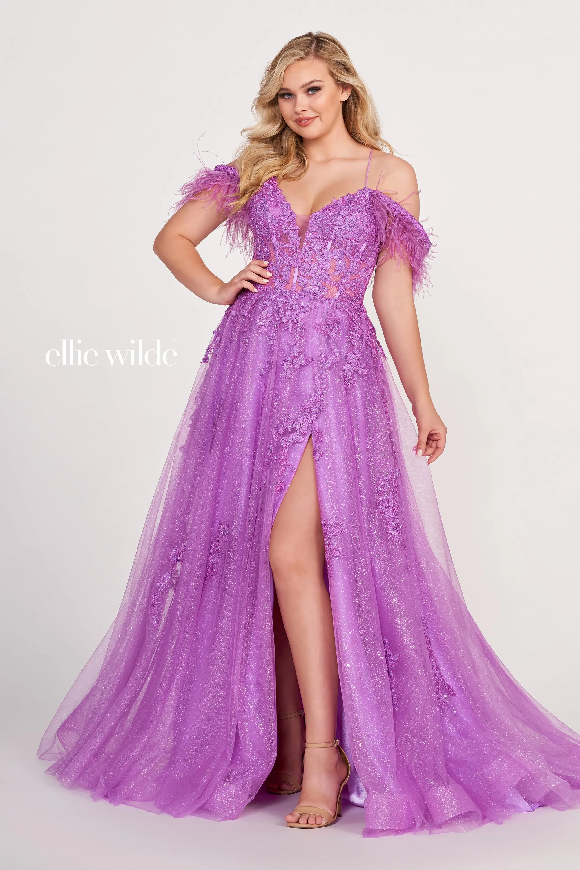Ellie Wilde EW34066 Long A Line Slit Shimmer Dress Sheer Sequin Corset Feather off the shoulder Gown