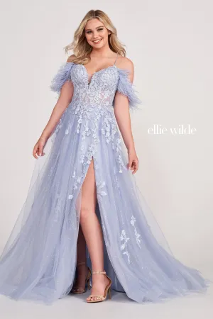Ellie Wilde EW34066 Long A Line Slit Shimmer Dress Sheer Sequin Corset Feather off the shoulder Gown