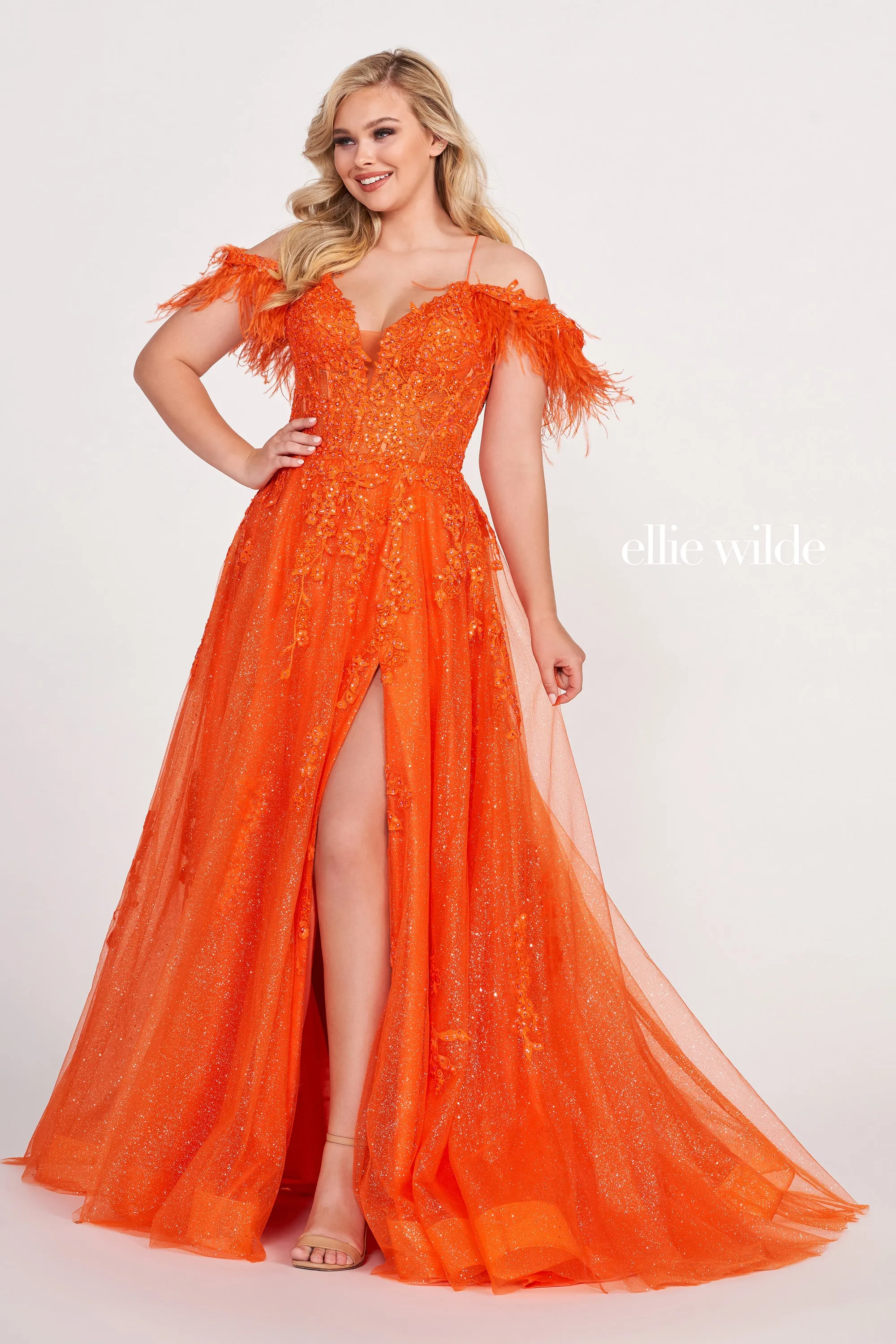 Ellie Wilde EW34066 Long A Line Slit Shimmer Dress Sheer Sequin Corset Feather off the shoulder Gown