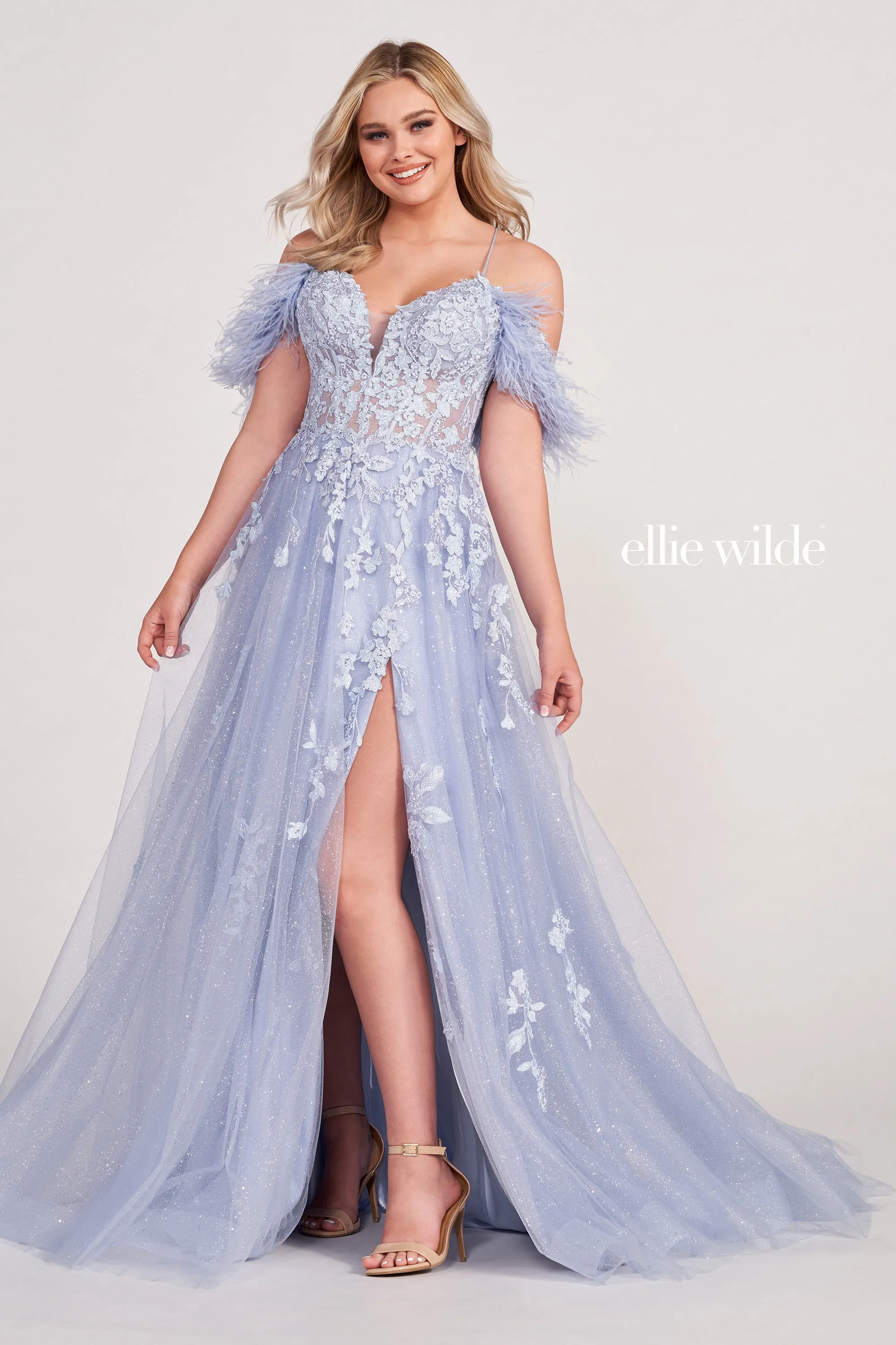 Ellie Wilde EW34066 Long A Line Slit Shimmer Dress Sheer Sequin Corset Feather off the shoulder Gown