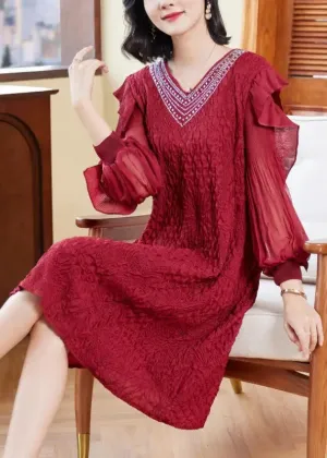 Embroidered Ruffled Tulle Mid Dresses Long Sleeve