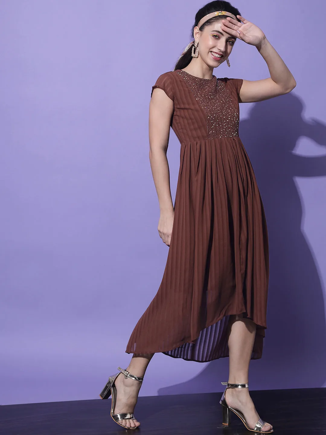 Embroidered Sequinned Georgette A-Line Midi Dress