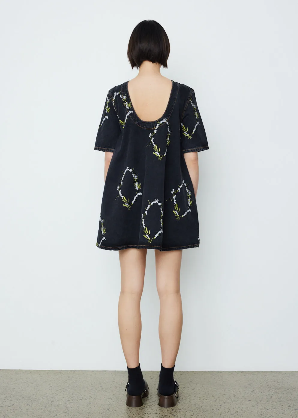 Embroidery Denim A-Line Mini Dress
